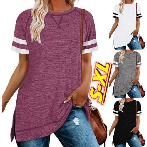 Summer Tops Womens T-Shirts Casual Solid Color Shirts Round Neck Split Short Sleeve Stitching Casual T-shirt Ladies Fashion tops