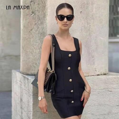 Fashion 2021 New Spaghetti Tube Top Black Tight Bodycon Sexy Metal Buttons Mini Dress Nightclub Celebrity Reception Party Dress