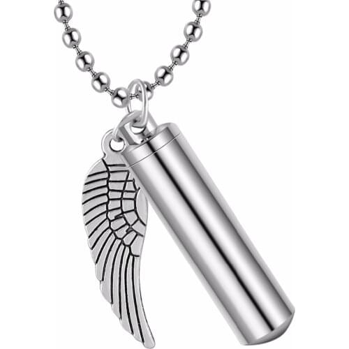 Men Sport Stainless Steel Jewelry Pill Case Holder Cylinder Ashes Urn Pendant Angel Wing Charm Cremation Memorial Necklace