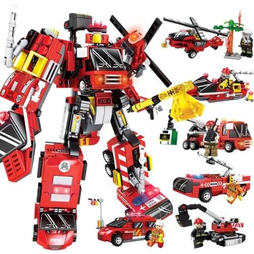 Sembo Firefighting Car Truck Plane 6 IN 1 Robot Model Educational Building Blocks Toys for Kids 6Years Diy Birthday Present