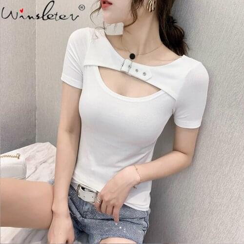 Solid T Shirt Women Simple Buckled T-shirt Solid Tightly Short Sleeve Tops Korean Style Cut-out Cotton Tees Female топ T05501B