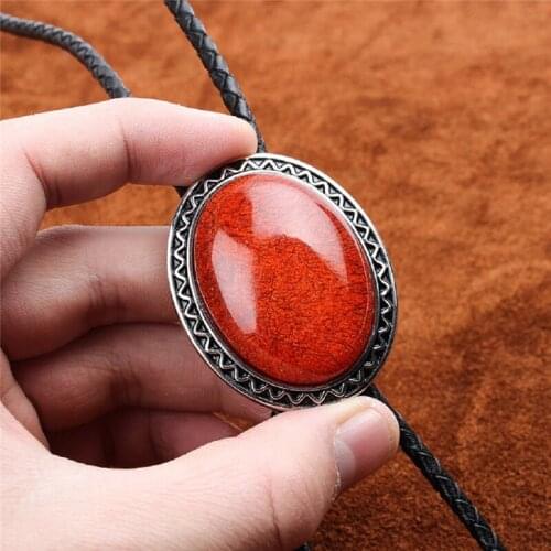 Original Western Cowboy BOLO Tie Clip Inlay Coral Red Gem Leather Rope Mens Fashion Jewelry