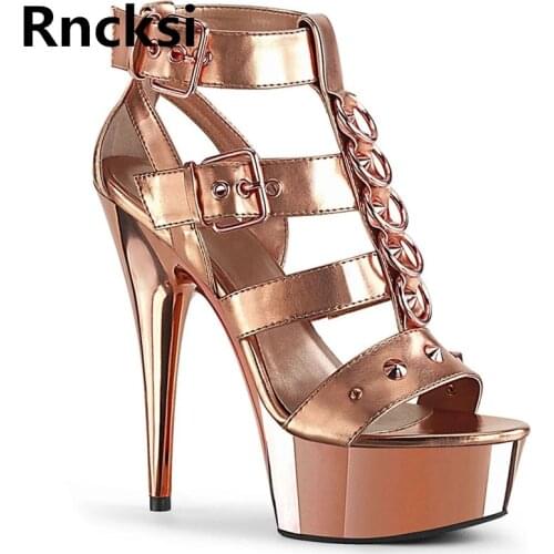 Rncksi Summer Electroplating Ankle Straps Women 15cm Pole Dance Shoes Night Club Party Sandals 15cm High Heels Platform Shoes