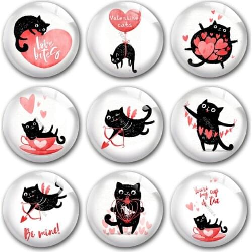Handmade Valentines Day Cat Be Mine Love Bites Round Photo Glass Cabochons Demo Flat Back DIY Jewelry Making Findings Accessory