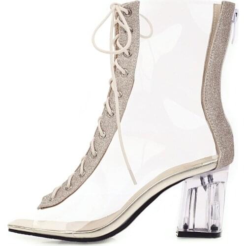 2021 Summer Peep toe Boots Womens shoes Sandals New Sexy Sliver Fashion Chunky heels Ladylike Black Transparent Party shoes