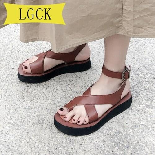 Plus Size 34-44 Women Sandals Gladiator Strap Cow Real Leather Summer Shoes Ladies Slippers Casual Women Big Toe Foot Sandals