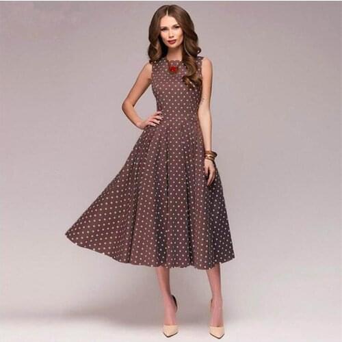 Elegant Swing Dress Vintage Polka Dots Party Dresses Lady Sleeveless O-neck Retro Midi Dress Robe Female