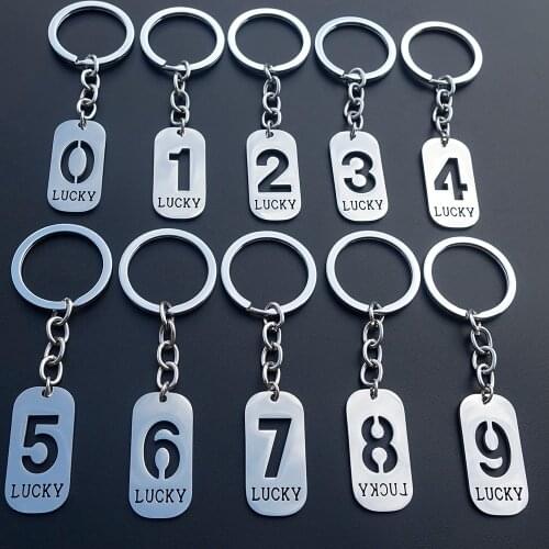 Stainless Steel Keyring Lucky Arabic Number Keychain Numeric 0 1 2 3 4 5 6 7 8 9 Repurposed 10 Pieces Mix Square Figure Jewelry
