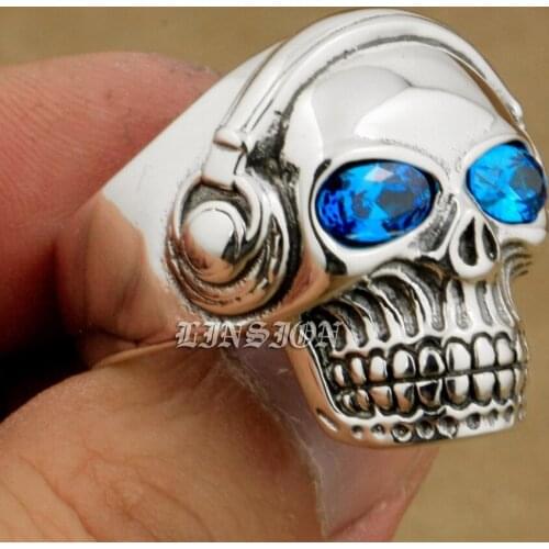 925 Sterling Silver Blue CZ Eyes DJ Skull Studio Music Headphone Mens Boys Biker Rock Punk Ring 8Y111 US Size 7 to 15