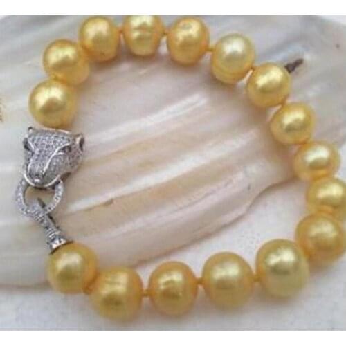 11-12MM NATURAL SOUTH SEA GENUINE GOLD PEARL BRACELET LEOPARD BUTTON