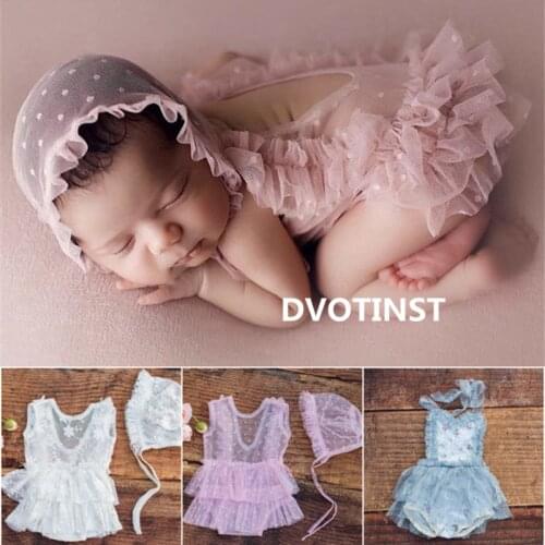 Dvotinst Newborn Photography Props for Baby Cute Lace Outfits Bonnet Set Dress Bodysuit Hat Fotografia Studio Shoot Photo Props