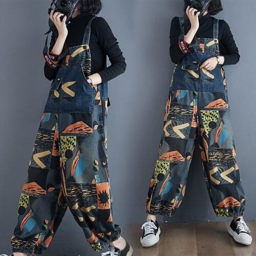 Denim Cropped Overalls Women Autumn New Loose Large Size Printing Was Thin High Waist Age-Reducing Wide-Leg Pants One-Piece s328