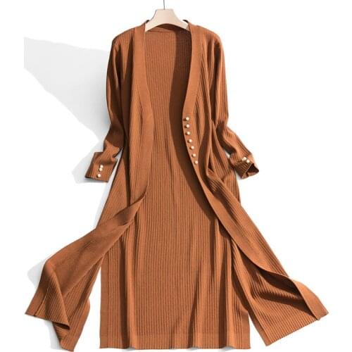 Ice silk viscose blend knit women fashion long cardigan coat pearl buckles open hem spring autumn beige 3colors one&over size