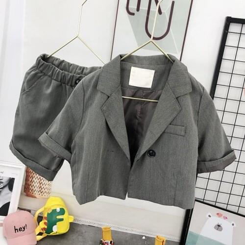 2021 Boys Girls Summer Blazer Jacket+Shorts 2Pcs Clothing Set Gentleman Kids Formal Cool Wedding Suit Children Performance Dress