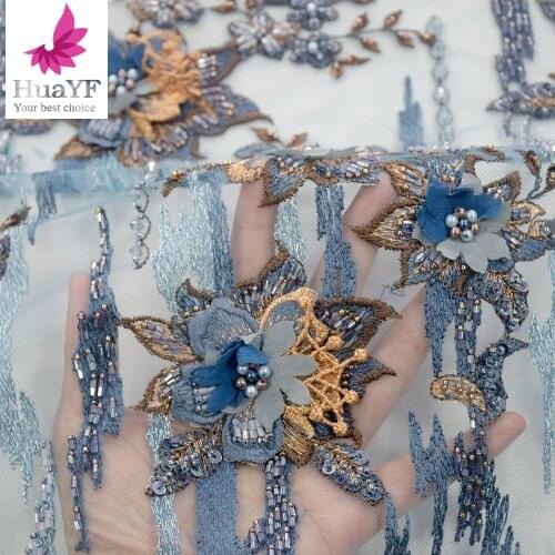 Pretty 3D Flower With Mix Color Beads Lace With Pearls And Sequins Mesh Embroidery Net Fabric HY1586