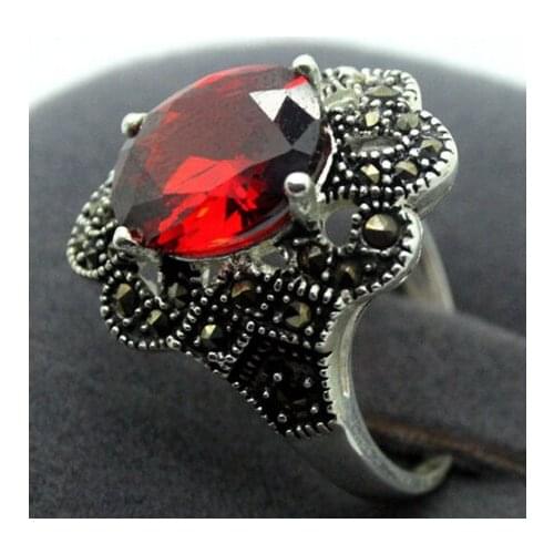 Red Faceted Crystal 17x22MM 925 Sterling Silver Marcasite Ring Size 7/8/9/10