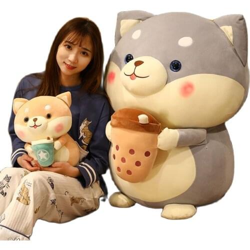 20/35/45cm Cute Shiba Inu Dog with Bubble Tea Cup Plush Toy Stuffed Fluffy Animal Puppy Doll Pillow Kids Toy Creative Xmas Gift