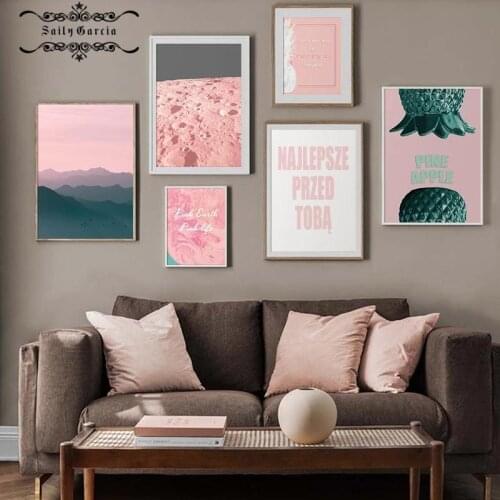 Pink Style Fashion Poster Earth and Moon Picture Nordic Wall Art Canvas Painting Mountain Sunrise Print for Living Room Decor
