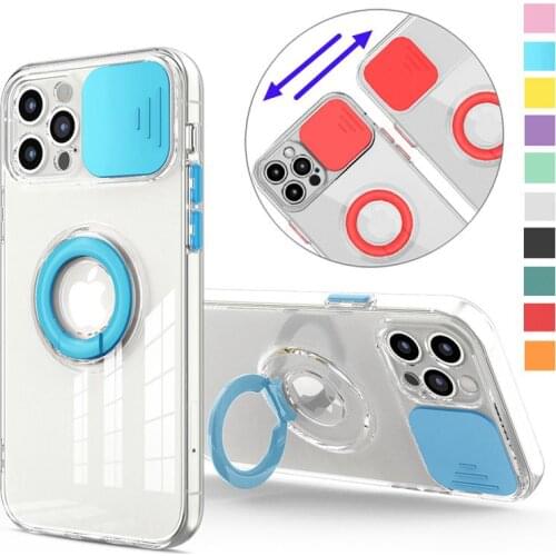 Soft Clear Phone Case For iPhone 12 11 Pro X XR XS Max 7 8 Plus SE 2020 Camera Lens Privacy Protection Cover + Ring Stand Coque