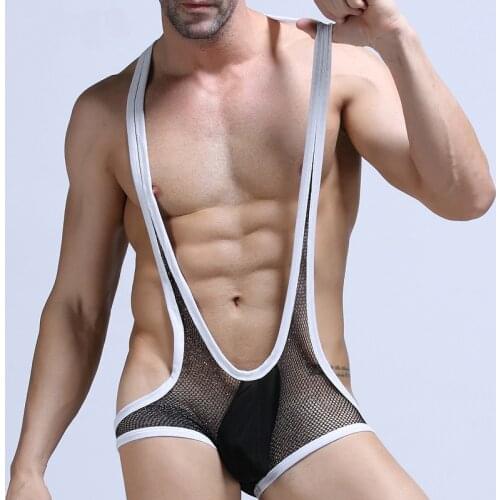 Undershirt Underwear Men Bodysuit Mankini Mesh Transparent Sexy Wrestling Singlet Pouch Bulge Jumpsuit Swimsuit Gay