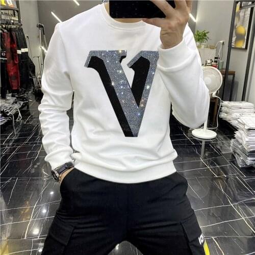Winter New Mens Hoodie Casual O-Neck Hot Drill Skull Sweatshirt Popular Letter V Long-Sleeved Warm Top Xl