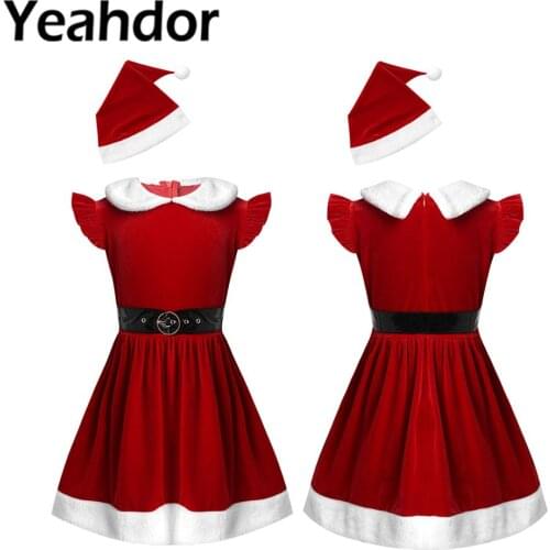 Kids Girls Christmas Cosplay Dress New Year Costume Santa Outfits sleeveless A-line Tutu Dresses with Hat and Waistband Set