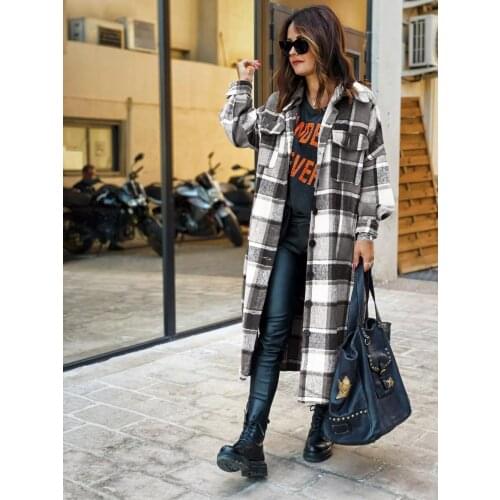 Autumn Plaid Shirt Woolen Coat Womens Vogue Pop Long Coat Streetwear Women Clothing England Style Loose Coat Female Jacket