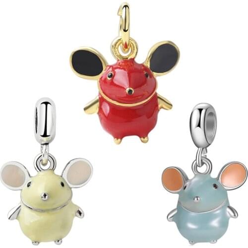 Fit Original Pandora Charms Bracelet for Women Cartoon Cute Red Blue Yellow Enamel Mouse Pendant Beads DIY Jewelry Bangle Dangle