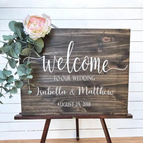 Wedding Welcome Sign Wood Decals Name Sticker Wedding Decoration Vinyl Stickers Personalised Bride and groom Name Mural AY2016