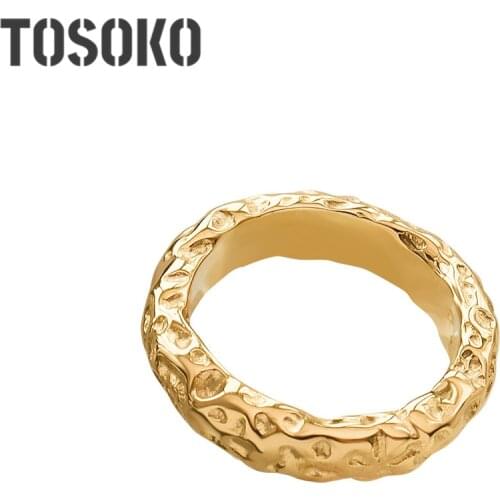 TOSOKO Stainless Steel Jewelry Tinfoil Texture Ring Womens Fashion Simple Pleated Ring BSA223