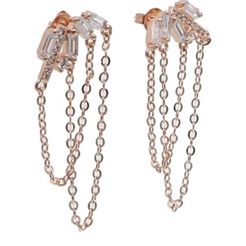 Rose gold color white square cz chain earrings for women pink long tassle earrings fringe jewelry gift