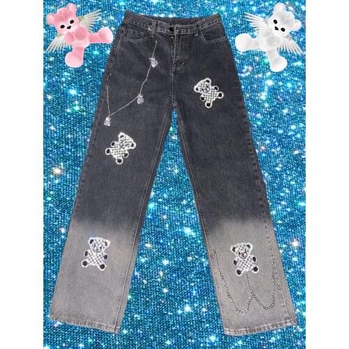Harajuku Cub Bear Beading Gradient Jeans Women High Waist Chains Pant Straight Y2k Punk Rave Gothic Cool Hot Girl Pant Capris