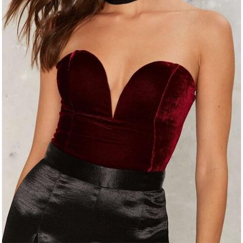 Black Red Velvet Bodysuit Rompers Womens Jumpsuit 2019 Deep V Strapless Sexy Bodysuit Female Club Party Backless Cross Bodysuit