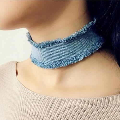 30mm Wide Vintage Plain Blue Denim Collar Choker Necklace Women Punk Party Jeans tattoo Chokers Jewelry