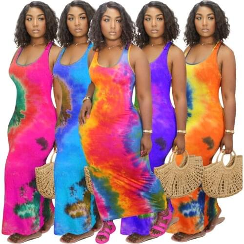 2020 Summer Casual Fashion Slim Tie-dye Plus Size Sleeveless Sexy Maxi Dress Halter Dress