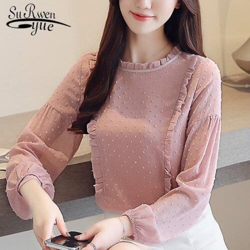 2021 Spring Autumn Fashion Long Sleeve Women Blouses Chiffon Women Shirts Pink Bottom Female Korean Tops Blusas Feminine 1699