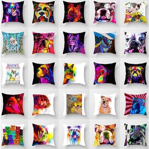 Bulldog Water Color Poster print Cushion Cover Christmas Pillow Cover Colorful Animal Dog Linen Pillow Case Gift Home Decoration