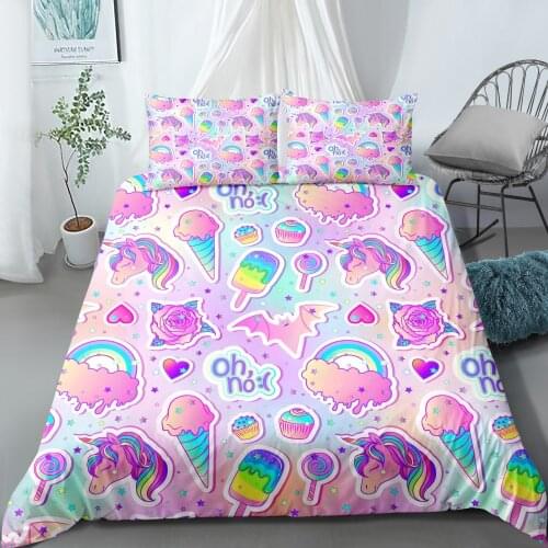 Kid Bedding Set Rainbow Ice Cream Print Cartoon Comforter Cover Set Pillowcase Single Double Full Queen Natural View Duvet Cover