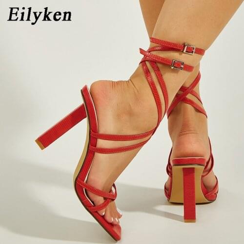 Eilyken Women Thick Heel Red Black Sandals 2022 Summer New Ankle Bandage Buckle Ladies Sexy Party Wedding Shoes High Heels Pumps