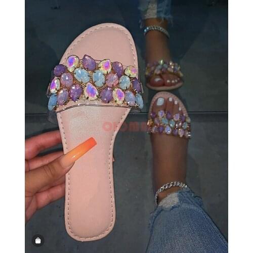 Hot 2021 Women Shoes Women Sandals Open Toe Flat Slippers Summer Rhinestone Outdoor Fashion Plus Size 42