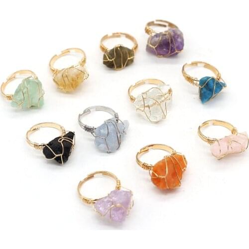 Natural Stone Crystal Rings Gold Color Wire Wrap Irregular Amethysts Quartzs Adjustable Finger Ring Jewelry for Women Gifts