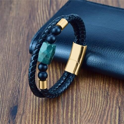 Men Women Leather Bracelet Unique Original Mixed Natural Stones Gilded Stone Charm Strands Wrap Bracelets Handmade Boho Bracelet