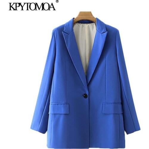 KPYTOMOA Women 2020 Fashion Office Wear Single Button Blazers Coat Vintage Long Sleeve Pockets Female Outerwear Chic Tops