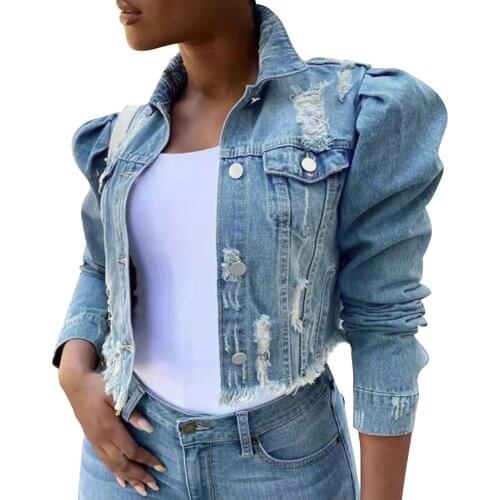 Fashion Women Denim Coat Cropped Hole Pocket Button Down Distressed Vintage Casual Slim Short Jean Coats Jacket #40