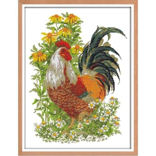 Rooster cross stitch kit animal under daisy flowers aida 14ct 11ct count print canvas stitches embroidery DIY handmade craft