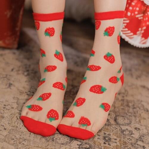 Strewberry Socks 2Pairs Sexy Ladies Short Lace Stocks Cute Lolita Pattern Beautiful Transparent Design Fashion Thin