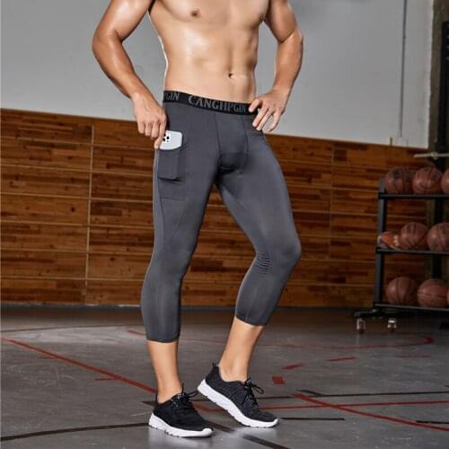New Solid Color Stretch Fitness Pants Mens Basketball Running Training Tight Cropped Jogging Pants for Men Compression Pants