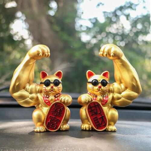 Resin Muscle Arm Lucky Cat Feng Shui Statue Creative Mini Sculpture Decoration Car Rich Cat Car Interior Decoration Accessories