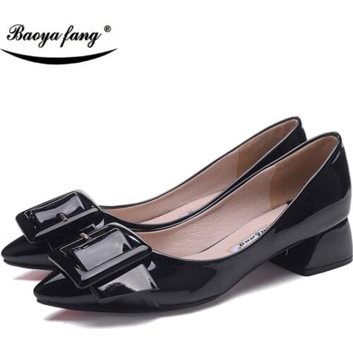 2018 New ladies party shoes Low thick heel Buckle womens shoes wedding Bride Pumps Black/pink Big size shoes woman