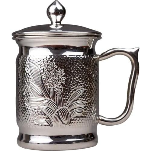 Mirror sterling silver teacup silver cup handmade carving flower Yonghuai teapot silver cup